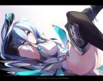  anniversary aqua_eyes aqua_hair arm_up armpits ass bare_hips between_breasts black_footwear black_gloves blue_neckwear boots breasts character_name checkered checkered_floor commentary_request elbow_gloves from_side gloves goodsmile_racing hair_between_eyes hair_spread_out happy_birthday hatsune_miku highres holding holding_hair leotard letterboxed long_hair looking_to_the_side lying medium_breasts murata_ryou necktie necktie_between_breasts neon_trim on_back racing_miku silver_trim simple_background smile solo thigh_boots thighhighs very_long_hair vocaloid white_background white_leotard 
