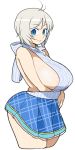  antenna_hair areola_slip areolae backless_outfit bangs bare_shoulders blue_eyes blue_nails blue_skirt breast_hold breasts closed_mouth cropped_legs curvy dennou_shoujo_youtuber_shiro eyebrows_visible_through_hair fingernails highres huge_breasts lewis lips nail_polish no_bra plaid plaid_shirt plaid_skirt shiro_(dennou_shoujo_youtuber_shiro) shirt short_hair sideboob silver_hair simple_background skirt smile solo virtual_youtuber white_background 