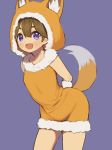  animal_costume brown_hair commentary_request dress dwarf fox_costume fox_hood fox_tail great_kichi looking_at_viewer open_mouth pointy_ears pop-up_story purple_eyes smile solo tail ymir_paaya 