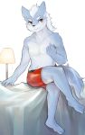  2017 barefoot beckoning bed blush canine clothed clothing lamp male mammal solo topless woong yellow_eyes 