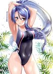  armpits arms_up blue_hair breasts competition_swimsuit cowboy_shot droplet eiyuu_densetsu groin highres laura_s._arzeid long_hair medium_breasts one-piece_swimsuit parasol_(yamila) plant ponytail sen_no_kiseki smile solo swimsuit twitter_username wet yellow_eyes 
