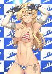  ;q absurdres american_flag_bikini bikini blonde_hair blue_background blue_eyes breasts checkered checkered_background closed_mouth collarbone elbow_gloves flag_print gloves highres iowa_(kantai_collection) kantai_collection large_breasts long_hair looking_at_viewer md5_mismatch navel one_eye_closed side-tie_bikini skindentation smile solo soushou_nin star star-shaped_pupils step_and_repeat swimsuit symbol-shaped_pupils tongue tongue_out two-tone_background upper_body v white_background 