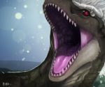 2018 allosaur allosaurus ambiguous_gender dinosaur drooling gaping_mouth kiva~ mouth_shot open_mouth red_eyes saliva simple_background solo teeth theropod throat tongue 