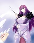 ? bangs breasts chaldea_uniform cleavage command_spell commentary_request dress fate/grand_order fate_(series) fujimaru_ritsuka_(male) fur_trim hair_between_eyes head_tilt highres jewelry karakure_(kamo-nanban) large_breasts long_hair looking_at_viewer open_mouth pantyhose purple_dress purple_hair red_eyes scathach_(fate)_(all) scathach_skadi_(fate/grand_order) sketch solo tiara wand 