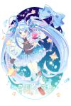  1girl :d black_gloves black_shirt blue_bow blue_eyes blue_hair blush bow box brown_footwear building capelet constellation diamond_(shape) eyebrows_visible_through_hair fingerless_gloves gift gift_box gloves hair_ornament hat hatsune_miku heart ie_(nyj1815) leg_up long_hair looking_at_viewer musical_note open_mouth outstretched_arm pantyhose pleated_skirt round_teeth shirt shoes silhouette single_glove skirt smile snowflake_hair_ornament snowflakes solo star taito_four_seasons_figure_(vocaloid) teeth twintails very_long_hair vocaloid white_legwear 