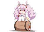  ame. animal animal_ears azur_lane bangs bare_shoulders barrel bird blush bottle bunny_ears camisole chibi chick closed_mouth eyebrows_visible_through_hair fur-trimmed_jacket fur-trimmed_sleeves fur_trim hair_between_eyes hair_ornament hairband half-closed_eyes holding holding_bottle jacket laffey_(azur_lane) long_hair long_sleeves off_shoulder open_clothes open_jacket pink_hair pink_jacket red_eyes red_hairband signature sitting solo strap_slip thighhighs twintails very_long_hair white_background white_camisole white_legwear 
