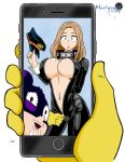  1girl :o black_bodysuit blonde_hair bodysuit boku_no_hero_academia breasts cellphone cellphone_picture cleavage collar commentary_request gloves hat hat_removed headwear_removed hetero highres holding holding_hat large_breasts long_hair mineta_minoru mohawk navel no_bra noriyuki_works open_mouth out_of_frame peaked_cap phone pov purple_hair saliva self_shot short_hair skin_tight smartphone unzipped unzipping utsushimi_kemii yellow_gloves 