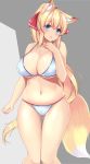 animal_ear_fluff animal_ears bikini blonde_hair blue_eyes blush breasts cleavage curvy eyebrows_visible_through_hair fox_ears fox_tail hair_ribbon highres knees_together_feet_apart large_breasts long_hair looking_at_viewer open_mouth original ponytail ribbon simple_background sogaya solo standing swimsuit tail white_bikini 