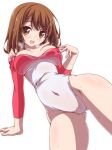  arm_support ass_visible_through_thighs bangs breasts breath brown_eyes brown_hair cameltoe commentary_request covered_navel girlfriend_(kari) groin gymnast_leotard hand_on_own_chest kikuchi_tsutomu leotard long_sleeves looking_at_viewer lying medium_breasts off_shoulder on_side open_mouth shiina_kokomi short_hair simple_background smile solo sweat thighs white_background white_leotard 