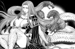  1girl 2018 arm_support artist_name ass biting breasts claws commentary eating fangs fate/grand_order fate_(series) food fujimaru_ritsuka_(male) gorgon_(fate) greyscale joka_(hiwai) large_breasts long_hair macaron monochrome monster_girl open_mouth panties pantyshot pantyshot_(sitting) rider scales sitting sleeping smile snake snake_hair snake_tail tail tattoo underwear very_long_hair 