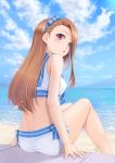  ass beach blue_hairband bow brown_hair day eyebrows_visible_through_hair hairband idolmaster idolmaster_(classic) long_hair looking_at_viewer looking_back midriff minase_iori miri_(ago550421) ocean open_mouth red_eyes sailor_swimsuit_(idolmaster) signature sitting solo turning_head 