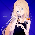  2018 abigail_williams_(fate/grand_order) alternate_costume bangs bare_arms bare_shoulders black_bow black_dress blonde_hair blue_background blue_eyes bow captain_yue collarbone dress fate/grand_order fate_(series) forehead hair_between_eyes hands_up head_tilt long_hair looking_at_viewer orange_bow parted_bangs polka_dot polka_dot_bow sleeveless sleeveless_dress solo twitter_username very_long_hair 