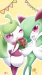  2girls ahoge arm_up blush bow creatures_(company) crescent female game_freak gen_3_pokemon gen_7_pokemon gift green_hair hair_over_one_eye hands_up happy heart heart_in_eye highres holding kirlia knees_together_feet_apart legs_together light_blush looking_up muguet multiple_girls nintendo no_humans one_eye_closed open_mouth outline outstretched_arm pink_eyes pokemon pokemon_(creature) red_bow red_eyes red_ribbon ribbon simple_backgroudn smile standing star steenee string_of_flags symbol_in_eye white_outline wink yellow_background 