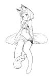  ahoge animal_ear_fluff animal_ears bare_legs bare_shoulders barefoot bike_shorts blush commentary fox fox_ears fox_girl_(jaco) fox_tail greyscale invisible_chair jaco large_tail looking_at_viewer monochrome off_shoulder original see-through short_hair short_hair_with_long_locks sidelocks sitting smile soles solo sports_bra tail thick_eyebrows 