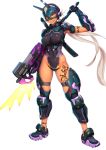  1girl breasts curvy dark_skin female helmet holding holding_weapon large_breasts leotard lilith-soft long_hair looking_at_viewer miranda_camilo scar shiny shiny_skin simple_background smile solo standing taimanin_asagi_battle_arena tattoo weapon white_background yuuji_(and) 