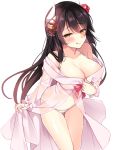  :q azur_lane bangs black_hair blush breasts cleavage collarbone commentary_request eyebrows_visible_through_hair flower hair_flower hair_ornament half-closed_eyes hiei_(azur_lane) horns ikura_nagisa large_breasts leaning_forward lifted_by_self long_hair long_sleeves looking_at_viewer md5_mismatch nightgown nightgown_lift panties see-through sidelocks simple_background smile solo thighs tongue tongue_out underwear white_background white_panties yellow_eyes 