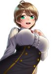  :d ahoge bangs blush braid breasts brown_hair buttons center_frills commentary_request frilled_sleeves frills green_eyes idolmaster idolmaster_million_live! idolmaster_million_live!_theater_days kyon_(fuuran) large_breasts lips long_sleeves looking_at_viewer open_mouth sakuramori_kaori simple_background smile solo tied_hair upper_body upper_teeth white_background 
