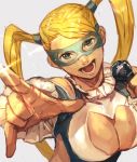  blonde_hair cleavage_cutout domino_mask hankuri mask microphone pointing pointing_at_viewer rainbow_mika street_fighter twintails wrestling_outfit 