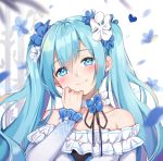  :3 alternate_costume bangs bare_shoulders blue_dress blue_eyes blue_flower blue_hair blush choker closed_mouth collarbone dress flower frilled_sleeves frills hair_between_eyes hair_flower hair_ornament hand_on_own_face hand_up hatsune_miku head_tilt heart long_hair long_sleeves looking_at_viewer mamemena motion_blur off-shoulder_dress off_shoulder petals shiny shiny_hair sidelocks smile solo twintails upper_body vocaloid white_background white_choker white_flower 