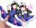  1girl :p bangs blush breasts brown_eyes brown_hair censored clothed_female_nude_male commentary_request controller covered_navel covered_nipples cum cum_on_body cum_on_clothes d.va_(overwatch) drink drinking erection game_controller gloves grinding hat headphones hetero highres jacket joystick man0. mosaic_censoring mountain_dew nude open_clothes overwatch penis petite playing_games shooting_star_d.va simple_background skin_tight small_breasts spread_legs swept_bangs tongue tongue_out white_background 