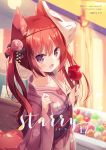  :d animal_ear_fluff animal_ears bangs blurry blurry_background blush candy_apple collarbone commentary_request cover cover_page depth_of_field eyebrows_visible_through_hair floral_print food fox_ears fox_girl fox_mask fox_tail hair_between_eyes hands_up highres holding holding_food hoshi_(snacherubi) japanese_clothes kimono long_hair long_sleeves looking_at_viewer mask mask_on_head obi open_mouth original outdoors pinching_sleeves pink_kimono print_kimono red_eyes red_hair sash sleeves_past_wrists smile solo standing tail twintails wide_sleeves 