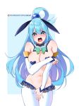  1girl animal_ears aqua_(konosuba) artist_name bare_shoulders blue_background blue_eyes blue_hair blush breasts bunny_ears cleavage crying crying_with_eyes_open detached_collar detached_sleeves embarrassed fake_animal_ears kono_subarashii_sekai_ni_shukufuku_wo! large_breasts long_hair meme_attire navel open_mouth patreon_username reverse_bunnysuit reverse_outfit simple_background solo standing stomach tears tofuubear tongue two-tone_background watermark white_background 