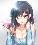  absurdres adagaki_aki alcohol bare_shoulders black_hair blue_eyes blue_shirt blush breasts chin_rest collarbone cup drinking_glass eyebrows_visible_through_hair hair_between_eyes highres holding holding_cup long_sleeves looking_at_viewer masamune-kun_no_revenge medium_breasts medium_hair off_shoulder open_mouth raised_eyebrow shirt sunhyun upper_body wine wine_glass 