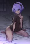  bare_legs barefoot between_legs blurry breasts dark_skin depth_of_field eyebrows_visible_through_hair fate/prototype fate/prototype:_fragments_of_blue_and_silver fate_(series) hand_between_legs hand_on_own_chest hassan_of_serenity_(fate) highres indoors light_blush looking_at_viewer naked_shirt off_shoulder on_bed parted_lips purple_eyes purple_hair see-through_silhouette shirt short_hair sitting small_breasts solo tyone wariza 