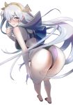  absurdres anastasia_(fate/grand_order) arched_back ass bare_shoulders bent_over blue_eyes blush breasts commentary_request fate/grand_order fate_(series) hair_over_one_eye hand_on_own_knee highres kujuu_shikuro large_breasts long_hair looking_at_viewer looking_back sandals silver_hair smile solo swimsuit thighs very_long_hair 