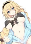  bangs bikini black_bikini black_hairband black_scrunchie blonde_hair blue_eyes blue_jacket blush braid breasts cleavage closed_mouth commentary_request covered_nipples dutch_angle eyebrows_visible_through_hair fate/grand_order fate_(series) from_below hair_between_eyes hair_ornament hair_scrunchie hairband highres jacket jeanne_d'arc_(fate)_(all) jeanne_d'arc_(swimsuit_archer) large_breasts long_hair looking_at_viewer miko_92 navel open_clothes open_jacket ponytail purple_eyes scrunchie simple_background single_braid smile solo swimsuit very_long_hair white_background work_in_progress 