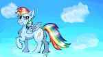  2018 cloud cutie_mark equine eyelashes feathered_wings feathers female feral friendship_is_magic fur hair hi_res hooves looking_at_viewer mammal multicolored_hair my_little_pony on_cloud outside pegasus rainbow_dash_(mlp) rainbow_hair sky smile solo usattesa wings 