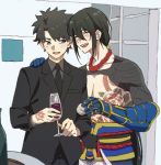 :d alcohol black_jacket black_neckwear black_pants blue_eyes champagne_flute chest closed_eyes collared_shirt command_spell commentary_request cup drinking_glass eyebrows_visible_through_hair fate/grand_order fate_(series) fujimaru_ritsuka_(male) gauntlets grey_hair grey_shirt hand_on_another's_shoulder highres holding jacket jewelry long_hair looking_at_another male_focus mi_(pic52pic) multiple_boys necklace necktie open_mouth pants ponytail shirt shirtless smile standing tattoo wine wine_glass wing_collar yan_qing_(fate/grand_order) 