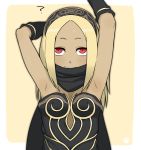  3: ? arm_warmers armpits arms_up bangs black_hairband black_scarf blonde_hair breasts cleavage closed_mouth dark_skin gravity_daze hairband kitten_(gravity_daze) lewis long_hair parted_bangs paw_print red_eyes scarf small_breasts solo upper_body 