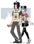  1girl animal_ears aqua_(kingdom_hearts) black_legwear black_shorts blue_hair blush bow brown_hair castle casual closed_eyes commentary_request couple disney disneyland embarrassed fake_animal_ears hair_bow hat holding_hands isakawa_megumi kingdom_hearts kingdom_hearts_birth_by_sleep mickey_mouse mickey_mouse_ears mini_hat minnie_mouse open_mouth polka_dot polka_dot_bow shoes short_hair short_shorts shorts smile sneakers spiked_hair terra_(kingdom_hearts) thighhighs ticket walking wizard_hat 