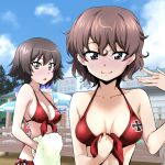  :o akaboshi_koume beach beach_umbrella bikini black_hair blue_eyes blue_sky blush breasts brown_hair cleavage closed_mouth cloud cloudy_sky collarbone day eyebrows_visible_through_hair front-tie_bikini front-tie_top girls_und_panzer green_eyes hair_between_eyes hand_on_own_chest holding holding_towel iron_cross looking_at_viewer mauko_(girls_und_panzer) medium_breasts multiple_girls nakahira_guy nose_blush open_mouth outdoors red_bikini seductive_smile shop side-tie_bikini sky smile swimsuit towel umbrella upper_body wavy_hair 
