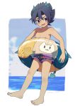  artist_name barefoot blue_hair blush chest commentary_request demon_boy demon_tail demon_wings full_body great_kichi highres horns innertube low_wings male_focus male_swimwear mini_wings nipples pointy_ears pop-up_story purple_eyes smile solo swim_trunks swimwear tail wings ziz_glover 