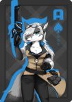  &spades; 2015 5_fingers abstract_background absurd_res ace_of_spades anthro belt big_breasts biped black_clothing black_fur black_tail blue_eyes breasts brown_clothing canine card cheek_tuft cleavage clothed clothing cosplay countershade_face countershade_torso countershading digital_drawing_(artwork) digital_media_(artwork) dipstick_tail eyelashes eyewear female final_fantasy final_fantasy_xiv fluffy fluffy_tail fox front_view fur goggles goggles_on_head grey_background grey_fox grey_fur grey_hair grey_tail grey_theme gun hair hair_over_eye half-length_portrait hand_on_hip hi_res holding_object holding_weapon humanoid_hands inner_ear_fluff katherine_(simplyfoxy) lighting long_hair looking_at_viewer mammal metaljaw75 multicolored_fur multicolored_tail open_mouth open_smile outline pants pattern_background playing_card pockets portrait pose ranged_weapon shadow simple_background smile smirk smug snout solo square_enix standing suit_symbol trenchcoat tuft two_tone_tail video_games weapon white_countershading white_fur 