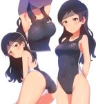  3: armpits arms_behind_back arms_up ass black_swimsuit brown_eyes brown_hair competition_swimsuit cowboy_shot embarrassed enamasa idolmaster idolmaster_million_live! kitazawa_shiho long_hair looking_at_viewer looking_down multiple_views one-piece_swimsuit standing swimsuit wavy_hair 