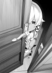  closed_mouth commentary_request demon_tail door dress fingernails greyscale hair_between_eyes jitome looking_at_viewer m-da_s-tarou monochrome open_door peeking_out pelvic_curtain rocoroco short_dress sidelocks solo squatting tail tanaka_the_wizard 