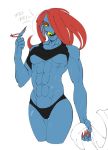  abs anthro blue_skin breasts clothed clothing clothing_lift collarbone colored_nails fangs female fish grin hair holding_object long_hair marine muscular muscular_female nails not_furry open_mouth red_hair red_nails scar shirt shirt_lift simple_background smile solo teeth text under_boob undertale undyne video_games white_background yellow_sclera yellow_teeth 