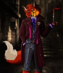  anthro canine cigar clothed clothing coat fluffy fox fully_clothed kadisurmik knife looking_at_viewer male mammal necktie outside scarf shrug smile smoking solo standing suit 