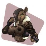  anthro big_breasts breasts cervine clothing facial_piercing female fighting_stance fingerless_gloves fishnet gloves looking_at_viewer mammal moose nipples nose_piercing piercing septum_piercing solo torn_clothing tyrcola 