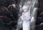  alternate_costume closed_eyes commentary feet_out_of_frame hat hat_removed headwear_removed ichiba_youichi inubashiri_momiji japanese_clothes kimono long_sleeves meditation own_hands_together palms_together rock see-through short_hair silver_hair solo standing tokin_hat touhou water waterfall wet wet_clothes wet_kimono white_kimono wide_sleeves 