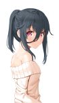  bare_shoulders black_hair blush breasts eyebrows_visible_through_hair hair_between_eyes long_hair long_sleeves looking_at_viewer looking_back mouth_hold murata_taichi off-shoulder_sweater off_shoulder original ponytail profile red_eyes shoulder_blades simple_background solo standing sweater upper_body white_background 