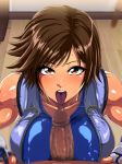  bare_shoulders blue_sports_bra blush breasts brown_hair censored erect_nipples floor from_above highres jacket jumpsuit kazama_asuka large_breasts looking_at_viewer mosaic_censoring open_clothes open_jacket open_mouth orange_eyes penis pov puffy_areolae puffy_nipples raburebo shiny shiny_clothes short_hair solo_focus sports_bra standing sweat tekken tongue tongue_out waguchi_shouka 