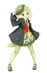  :d black_jacket blonde_hair eyebrows_visible_through_hair frilled_skirt frills full_body green_eyes green_shirt hat ise_(0425) jacket kemono_friends legs_apart leopard_tortoise_(kemono_friends) long_sleeves looking_at_viewer necktie open_mouth print_skirt red_neckwear shirt short_hair simple_background skirt smile solo standing tail turtle_shell white_background wide_sleeves 