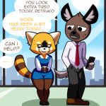  ... 2018 aggressive_retsuko anthro biped black_eyes black_fur black_nose brown_fur cellphone city clothed clothing day detailed_background dialogue dreamcastzx1 duo empty_eyes english_text female footwear fully_clothed fur fur_markings grin haida hand_in_pocket holding_cellphone holding_object holding_phone hyena inside larger_male legwear looking_at_another male mammal markings multicolored_fur necktie nervous open_mouth pants pantyhose phone red_panda retsuko sharp_teeth shirt shoes shorts size_difference sky smaller_female smile speech_bubble standing sweat tan_fur teeth text thick_thighs viktor2 white_fur wide_hips window 