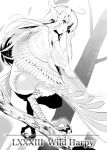  absurdres ahoge animal_ears claws commentary_request flying from_side greyscale harpy highres kawasumi_(tk2k_jade) long_hair monochrome monster_girl nude original parted_lips solo tree twitter_username wings 