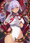  :q asymmetrical_bangs bangs bb_(fate)_(all) bb_(swimsuit_mooncancer)_(fate) blurry breasts cape closed_mouth commentary cowboy_shot dark_skin depth_of_field eyebrows_visible_through_hair fate/grand_order fate_(series) gloves hair_between_eyes hands_up heart heart_hands highleg highleg_leotard highres hips large_breasts leotard long_hair looking_at_viewer nanananana purple_eyes purple_hair smile solo tan tentacles thighs tongue tongue_out white_gloves white_leotard 