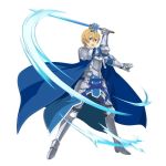  arm_up armor armored_boots black_pants blonde_hair blue_cape blue_eyes boots cape eugeo full_body gauntlets hair_between_eyes holding holding_sword holding_weapon looking_at_viewer male_focus official_art open_mouth outstretched_arm pants shoulder_armor solo spaulders standing sword sword_art_online sword_art_online:_code_register weapon 